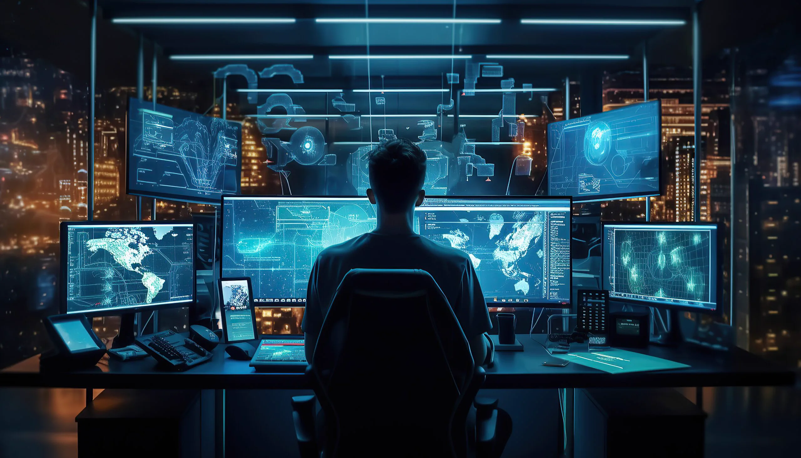 Arbeitsplatz der Zukunft in der Softwareentwicklung: ein Entwickler vor mehreren Bildschirmen