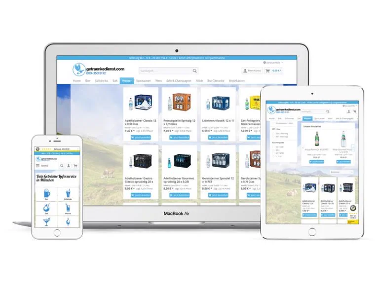 Onlineshop und App von getraenkedienst.com auf Laptop, Tablet und Smartphone