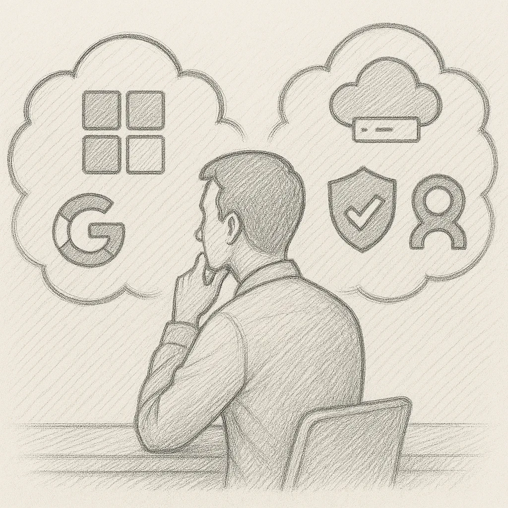 Nachdenkender Mensch zwischen US-Cloud-Diensten und europäischen Alternativen